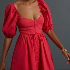 Anthropologie Red Puff Sleeve Mini Dress